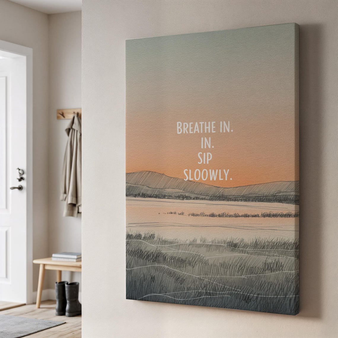 Breathe In Sip Slowly Minimalist Sunset Landscape Quote Art Poster