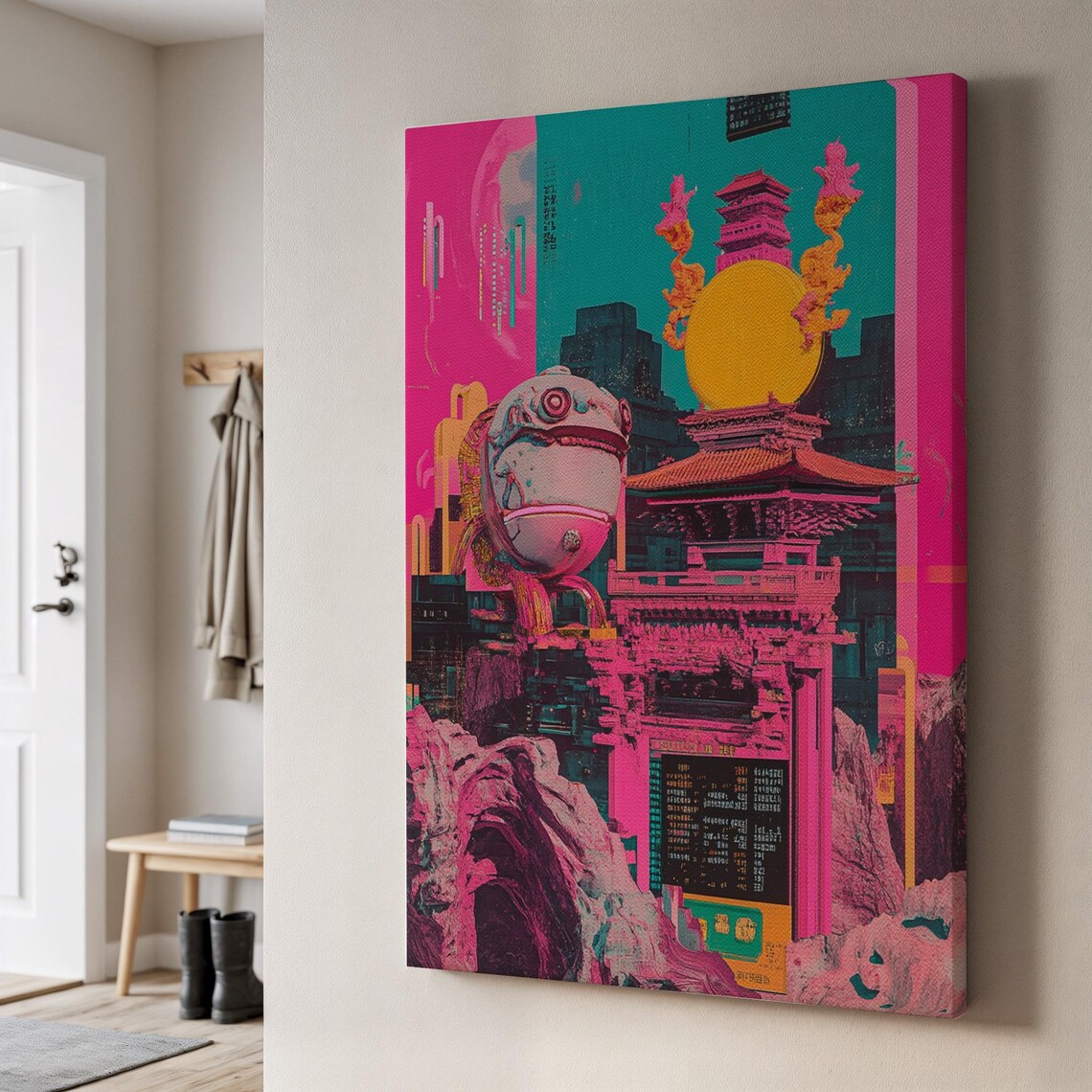 Cyber Tokyo Neon Japanese Temple Giant Robot Cyberpunk Art Poster
