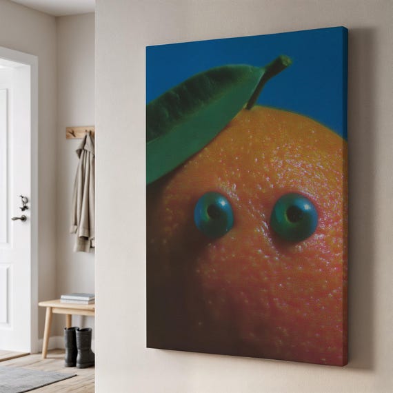 Surreal Orange Face Canvas Wall Art Funny Citrus With Eyes And Leaf On Bluewhimsical Pop Print For Bold Kitchens Or Playful Modern