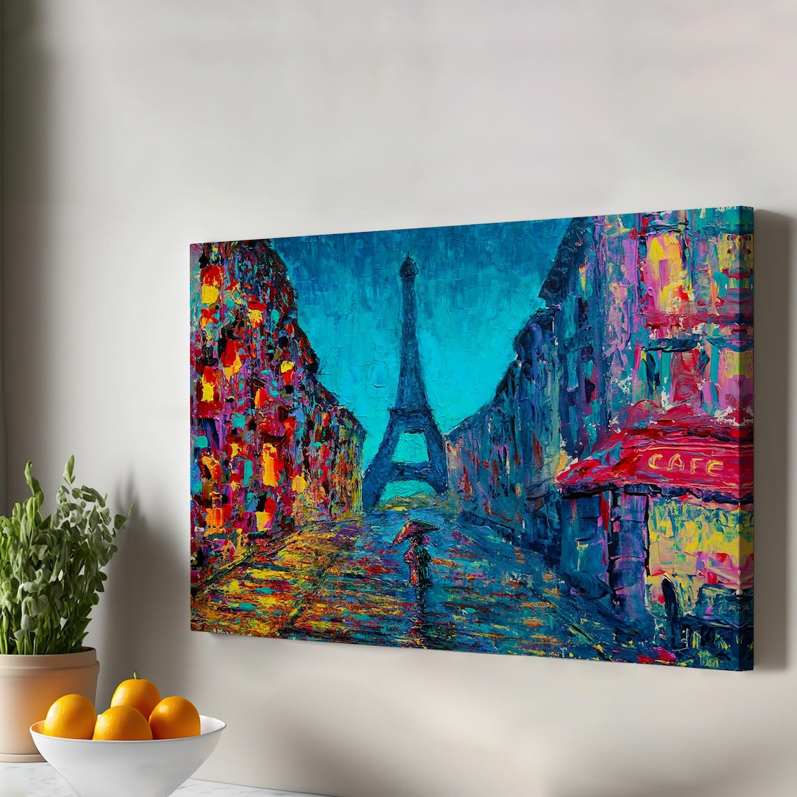 Paris Street Eiffel Tower Cafe Awning Vivid Night Painting Art Poster