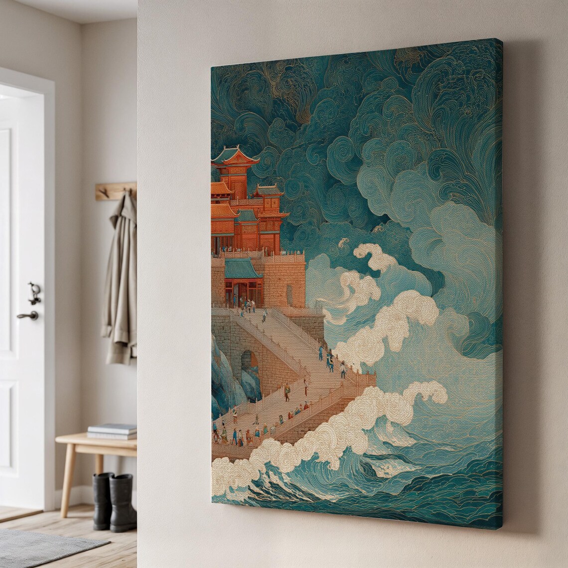 Traditional Japanese Red Pagoda Castle Great Ocean Waves Poster