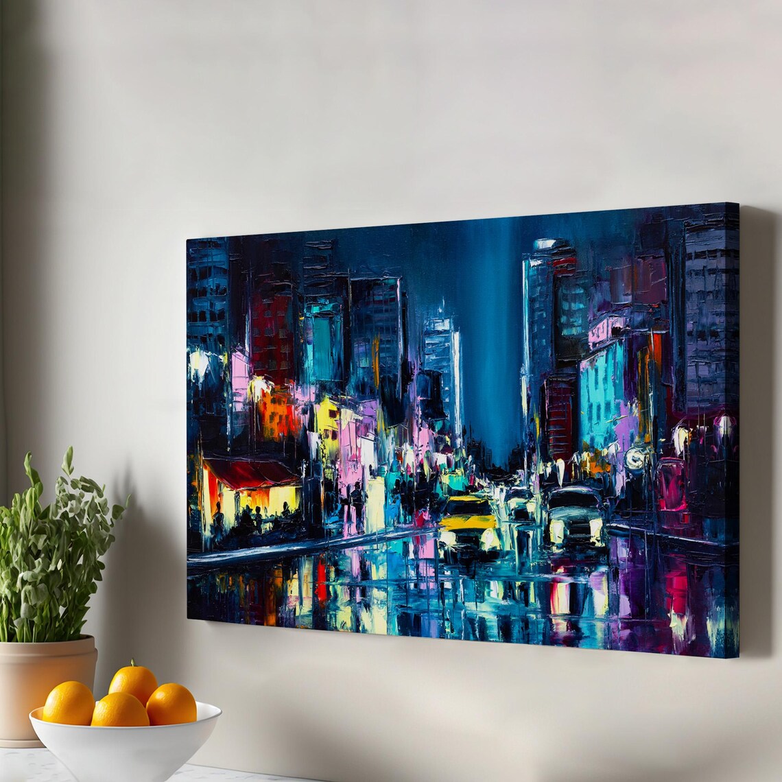 New York City Night Rain Street Oil Painting Taxi Neon Lights Poster