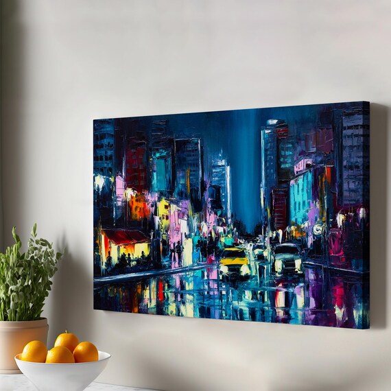 New York City Night Rain Street Oil Painting Taxi Neon Lights Poster