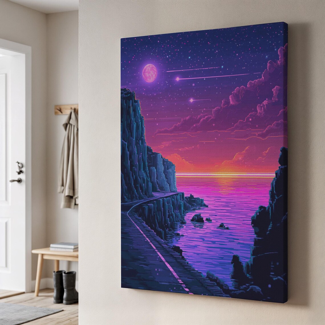 Neon Ocean Cliff Road Futuristic Sunset Travel Poster
