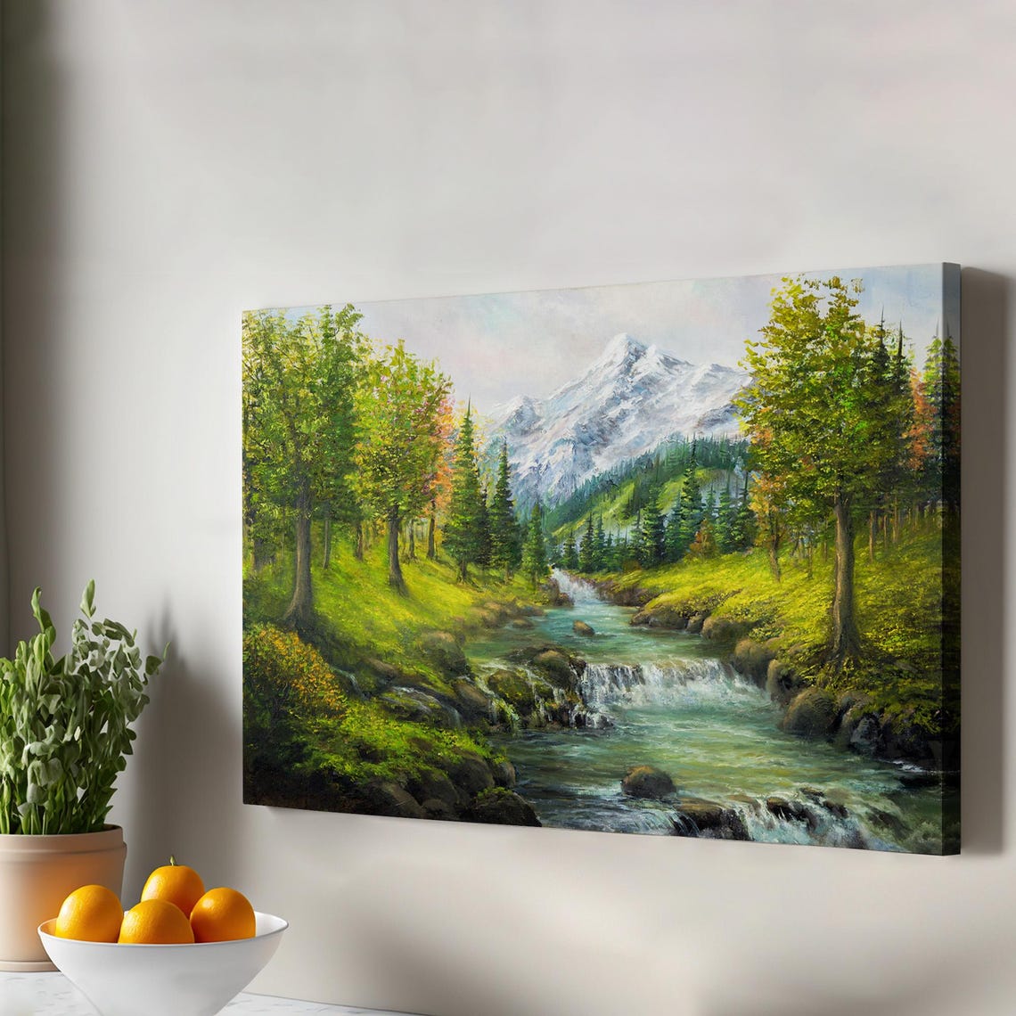 Snowy Mountain Peak Forest Stream Spring Oil Painting Nature Poster
