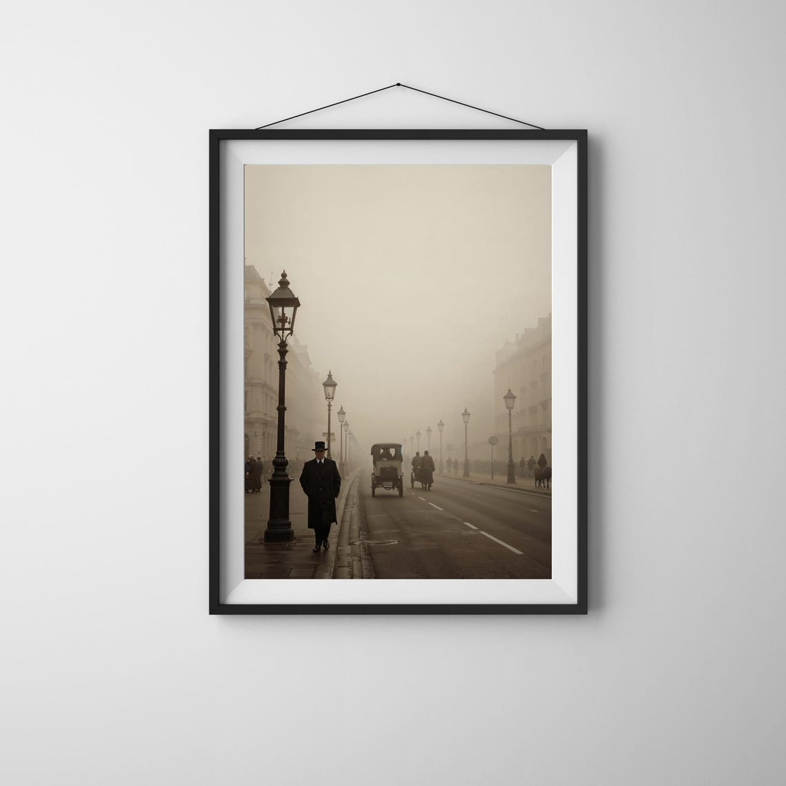 Sepia London Wall Art Edwardian Era Vintage Street Scene Horse Carriage Poster Foggy City