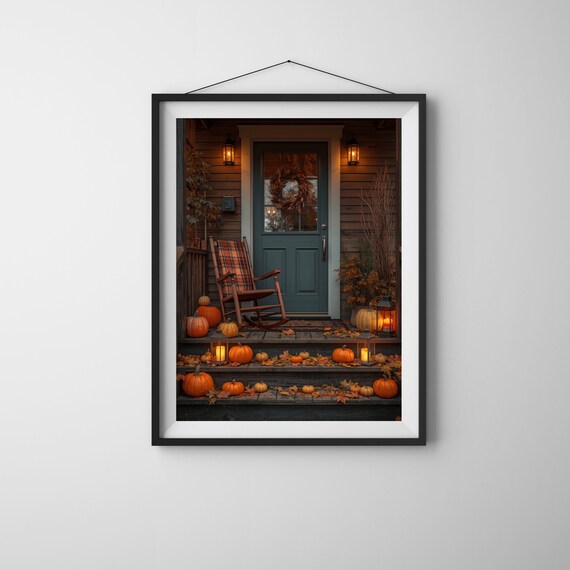 Fall Porch Wall Art Cozy Pumpkin Front Door Rustic Autumn Decor Poster