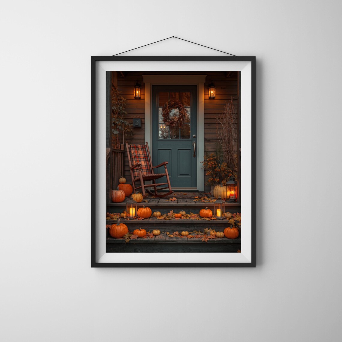 Fall Porch Wall Art Cozy Pumpkin Front Door Rustic Autumn Decor Poster
