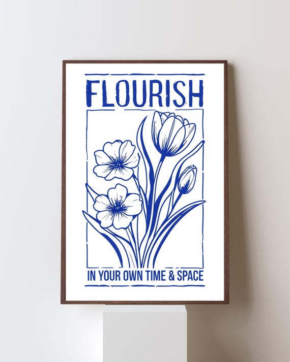Blue Floral Wall Art Inspirational Botanical Positive Modern Line Flower Print