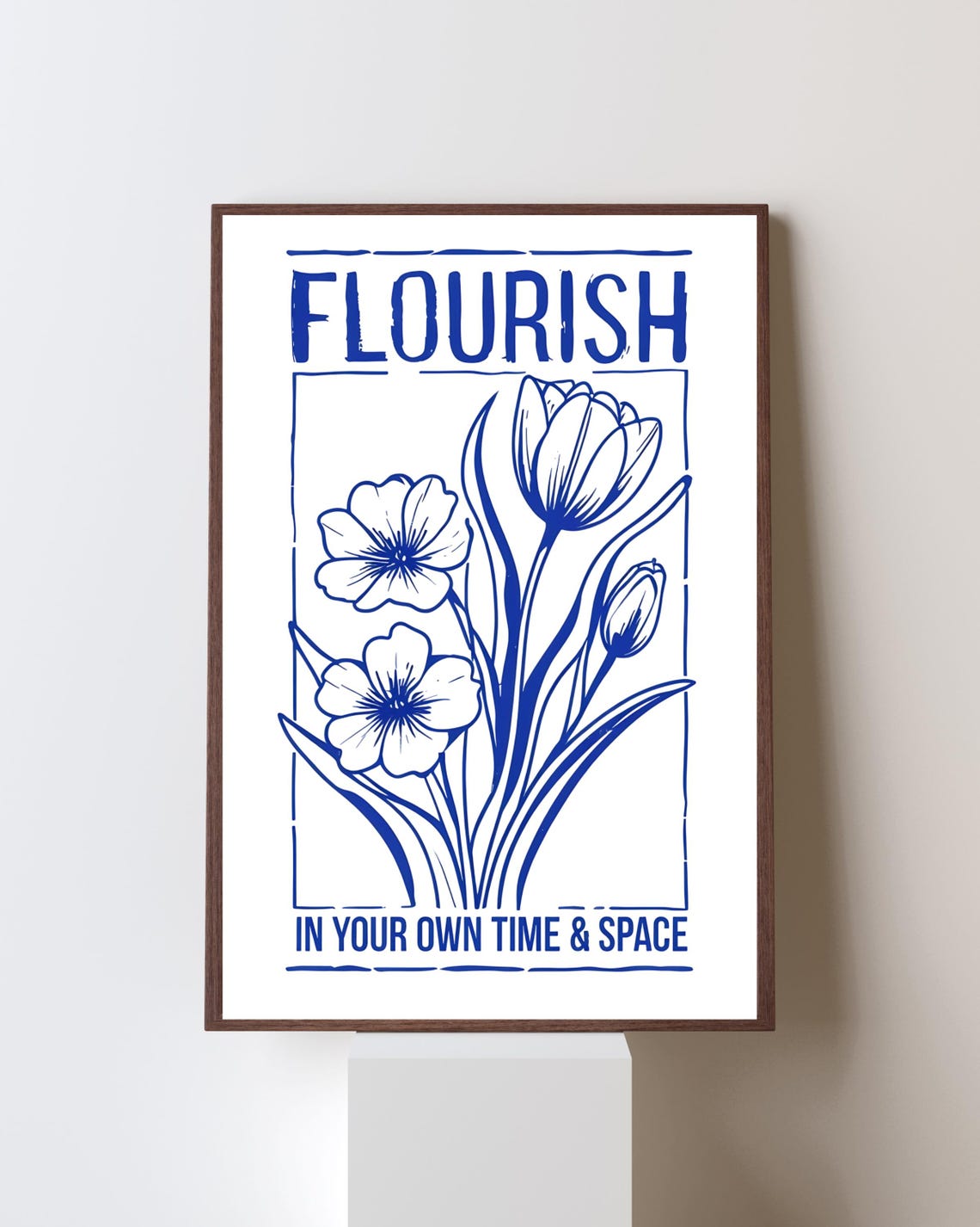 Blue Floral Wall Art Inspirational Botanical Positive Modern Line Flower Print