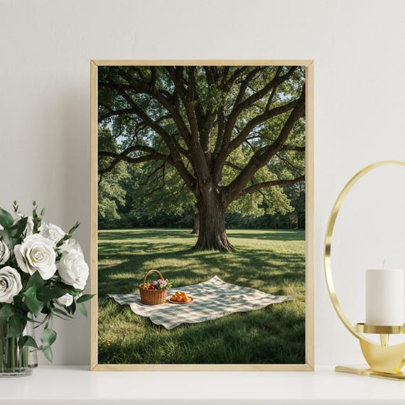 Summer Picnic Wall Art Peaceful Tree Meadow Scene Nature Artwork Cozy