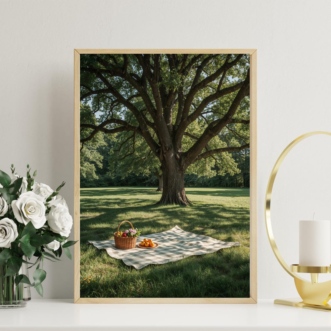 Sunny Picnic Under Giant Oak Tree Basket Meadow Photograph Wall Poster