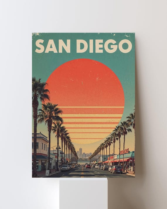 San Diego Palm Street Red Sun Retro Vintage Coastal Travel Poster