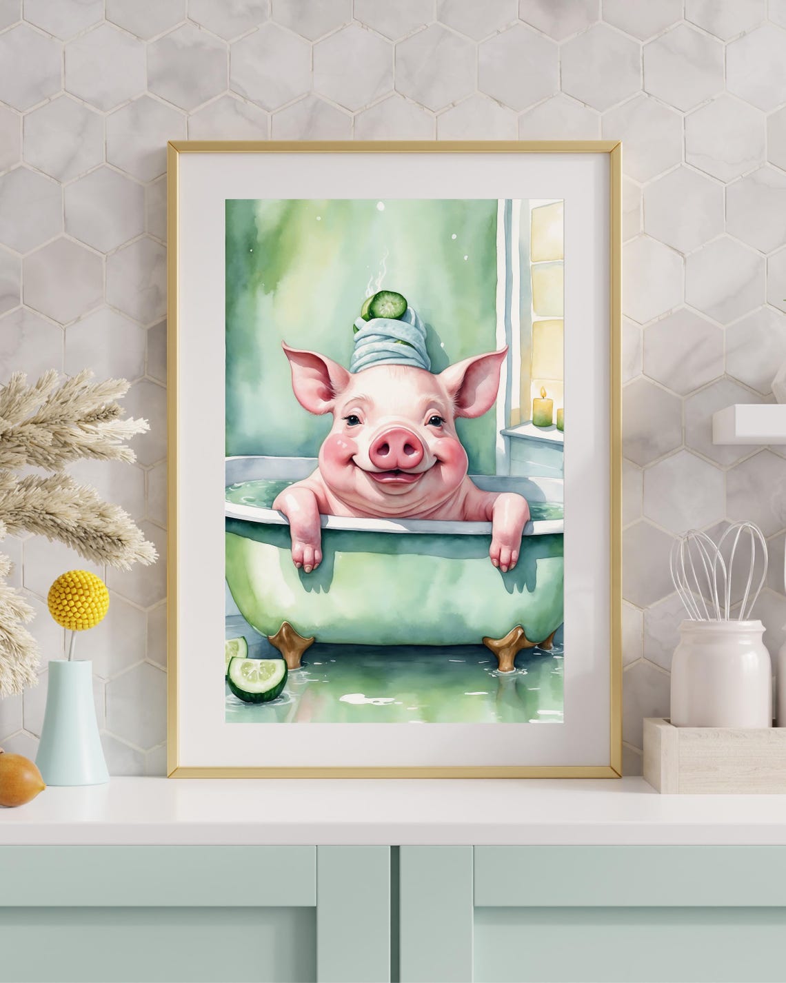 Cute Pig Spa Day Bubble Bath Cucumber Watercolor Funny Bathroom Poster