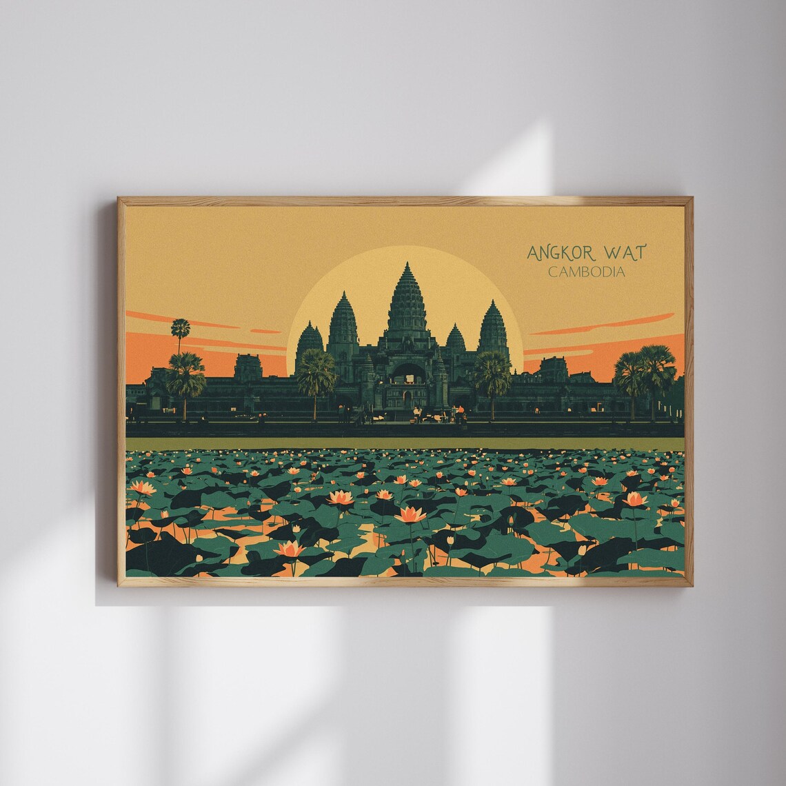 Ancient Angkor Wat Cambodia Sunset Temple Lotus Pond Retro Poster