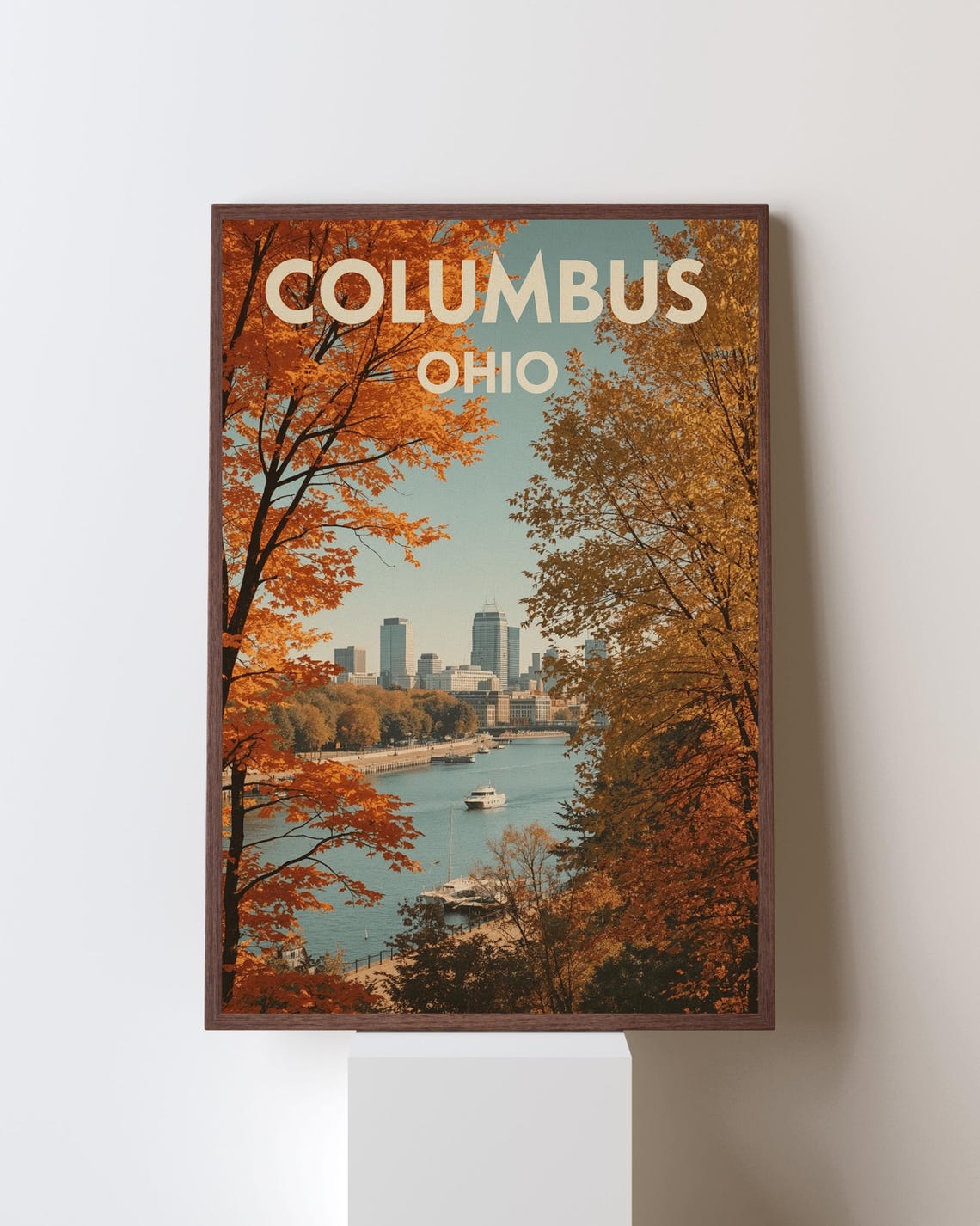 Columbus Ohio Autumn City Skyline River Vintage Travel Poster