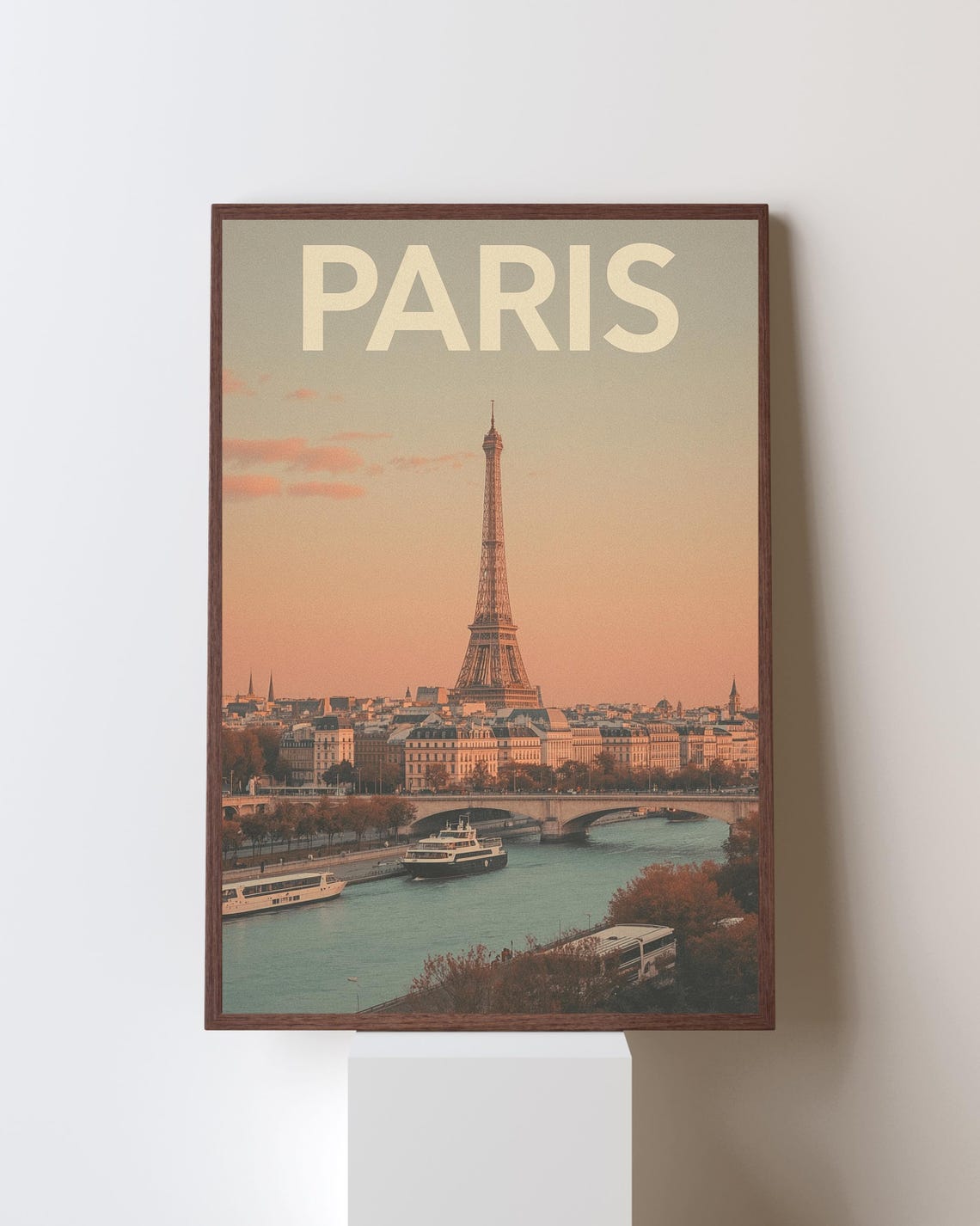 Paris Eiffel Tower Sunset Retro Travel Poster Seine River View