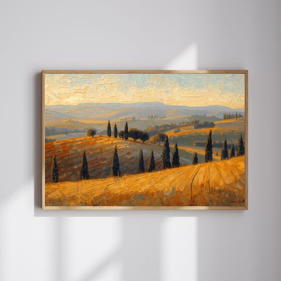 Tuscan Landscape Oil Painting Golden Hills Cypress Trees
