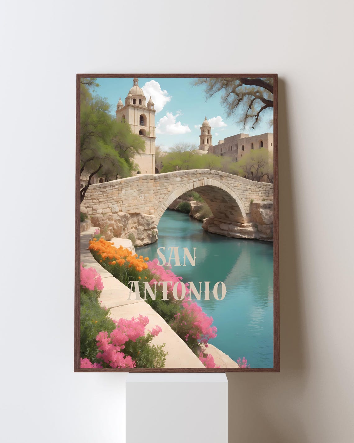 San Antonio River Walk Stone Bridge Travel Poster Texas Flowers