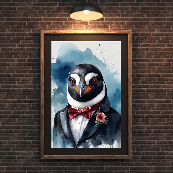 Penguin Tuxedo Watercolor Portrait Red Bow Tie Funny Animal Poster