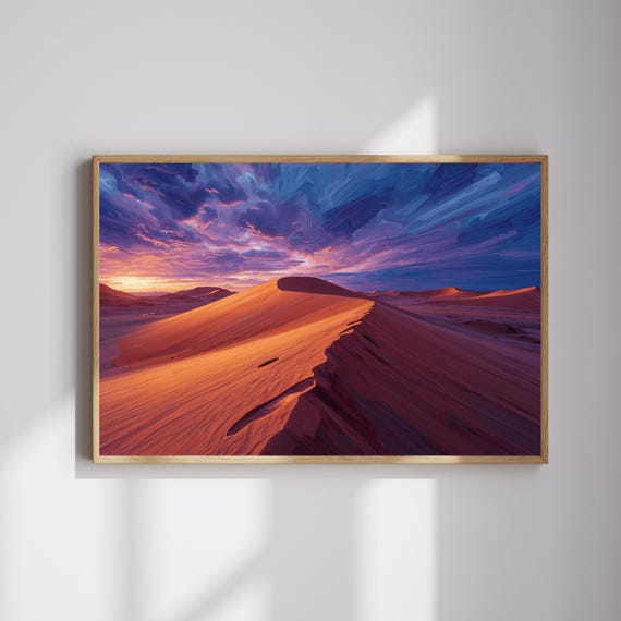 Desert Oil Painting Landscape Horizontal Sand Dunes Sunset Wall Art Dramatic Sky