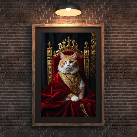 Royal Cat Renaissance Portrait Red Velvet Throne Regal Feline Poster