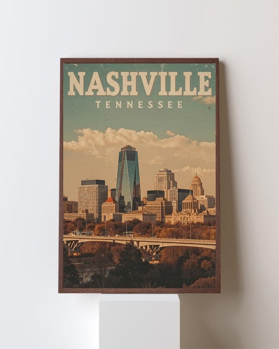 Nashville Tennessee Vintage Skyline and River Bridge View Poster