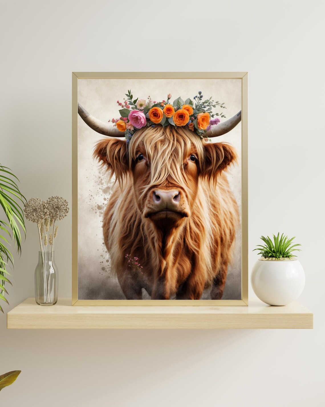 Highland Cow Floral Crown Shaggy Hair Watercolor Portrait Poster