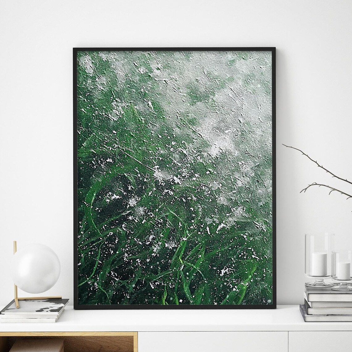 Heavy Snow Blanket Over Dark Green Grass Winter Nature Wall Art