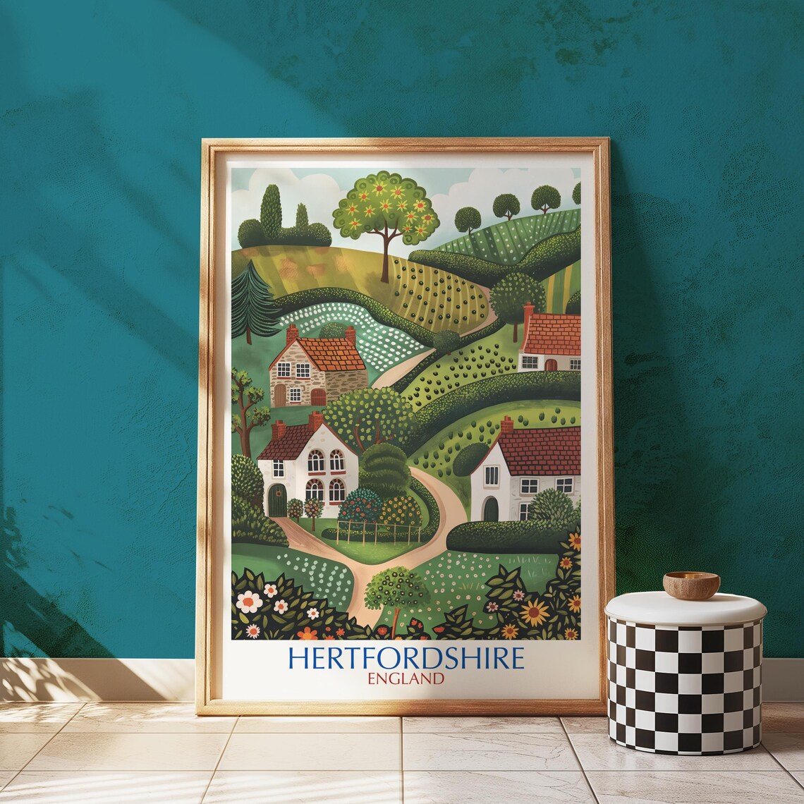 Hertfordshire England Vintage Travel Poster Rolling Hills Cottage Art
