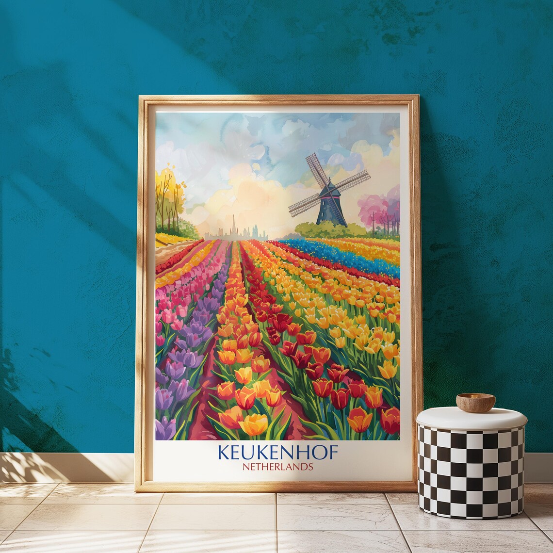 Keukenhof Tulip Field Vintage Dutch Windmill Poster