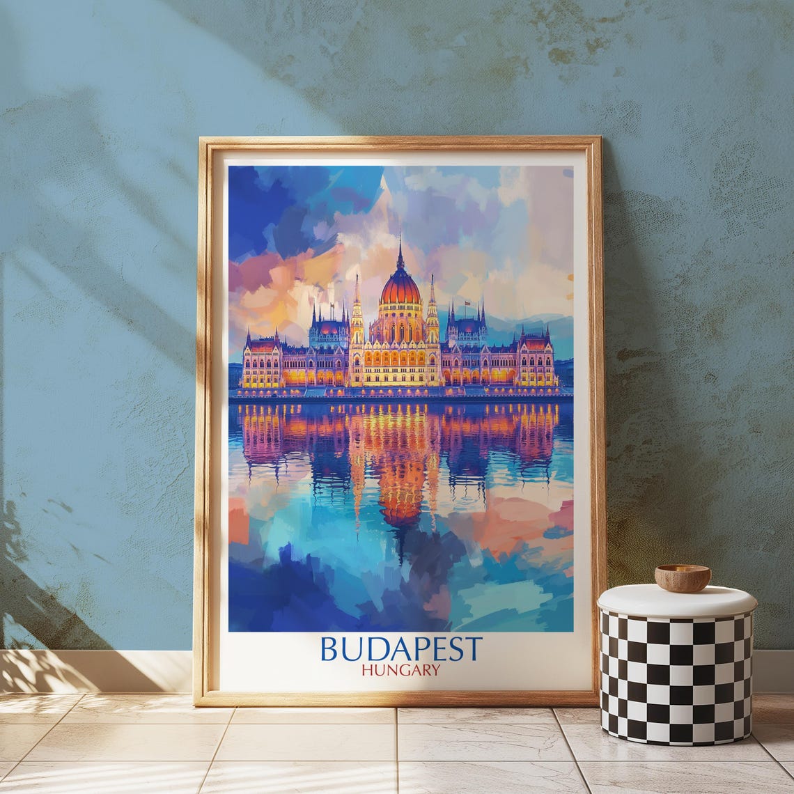 Budapest Hungary Parliament Danube Reflection Colorful Travel Poster