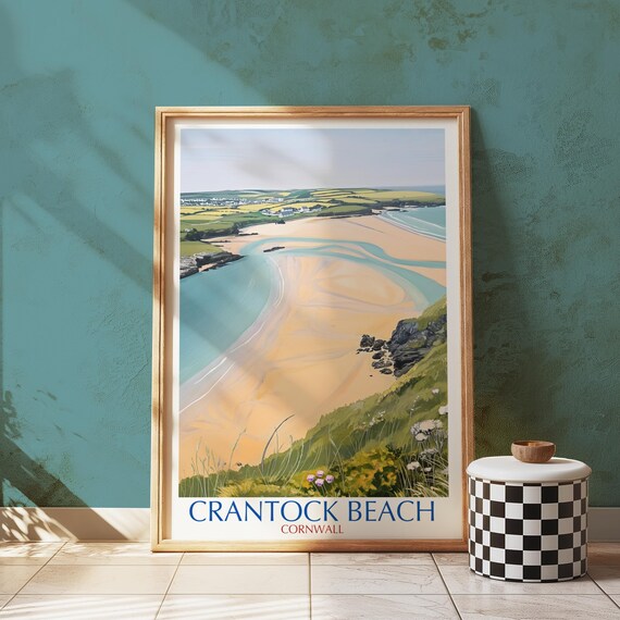 Crantock Beach Cornwall Sandy Bay Cliffs Vintage Travel Poster