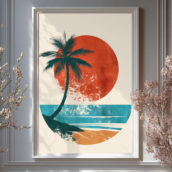 Retro Palm Tree Sunset Beach Tropical Minimalist Coastal Wall Poster