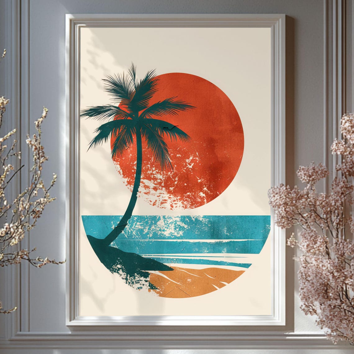 Retro Palm Tree Sunset Beach Tropical Minimalist Coastal Wall Poster