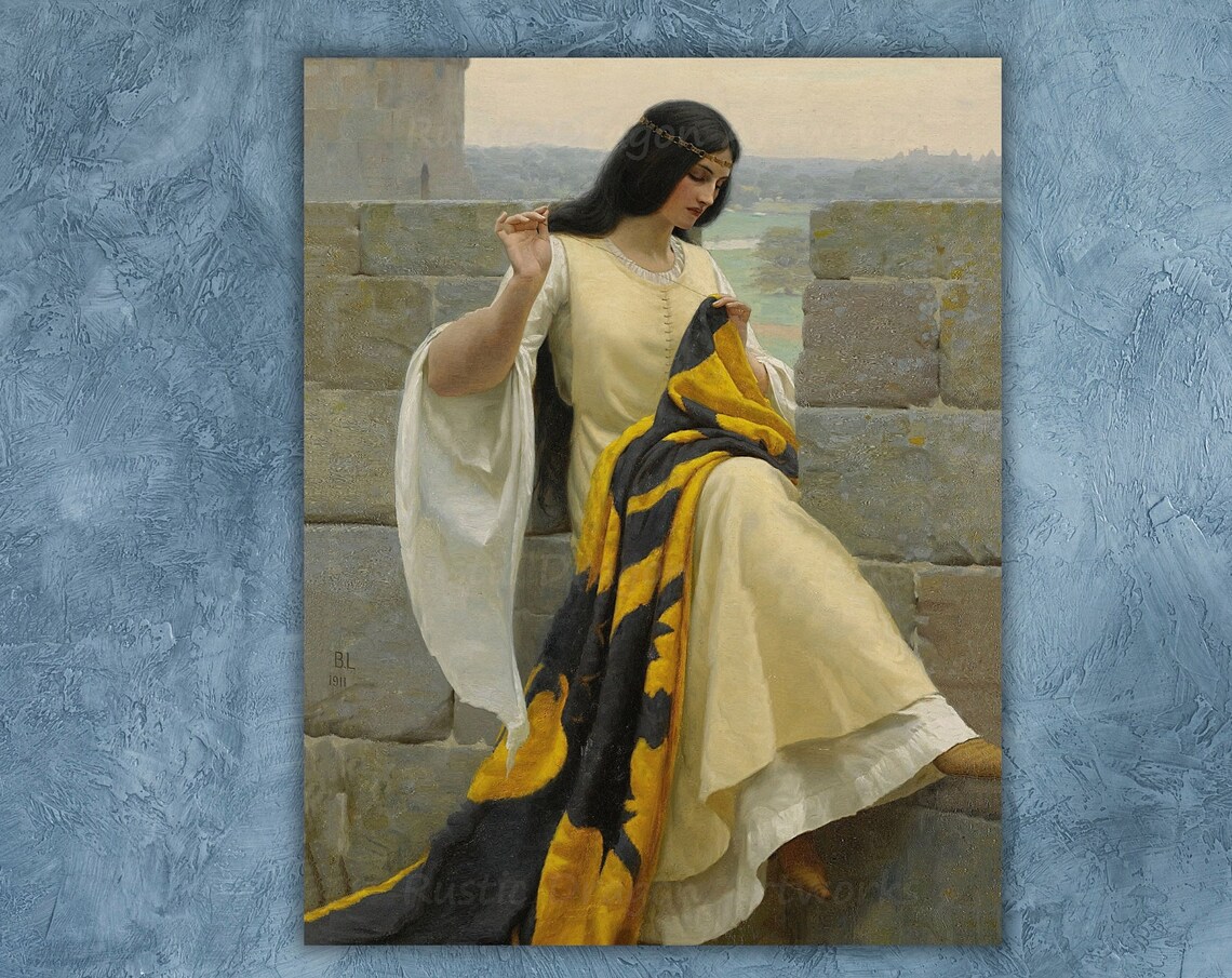 Edmund Leighton Stitching The Standard Medieval Lady Castle Poster