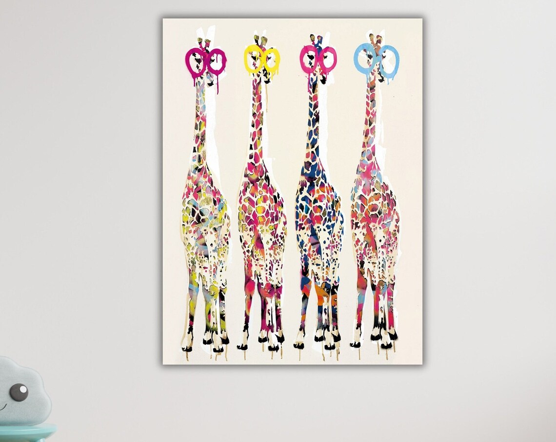 Four Colorful Giraffes Pop Art Paint Drip Splash Abstract Animal Poster
