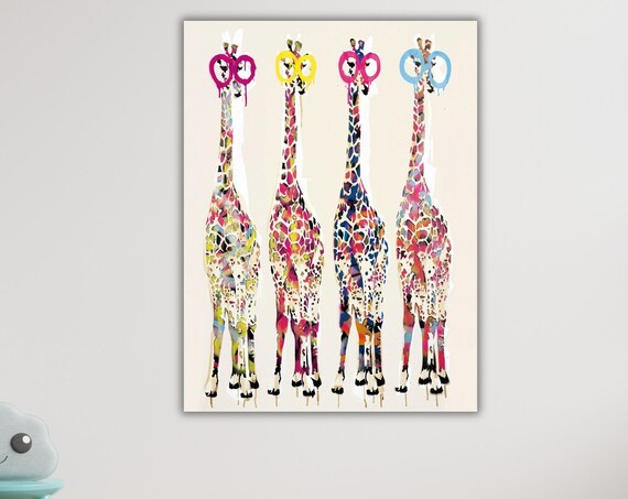 Four Colorful Giraffes Pop Art Paint Drip Splash Abstract Animal Poster