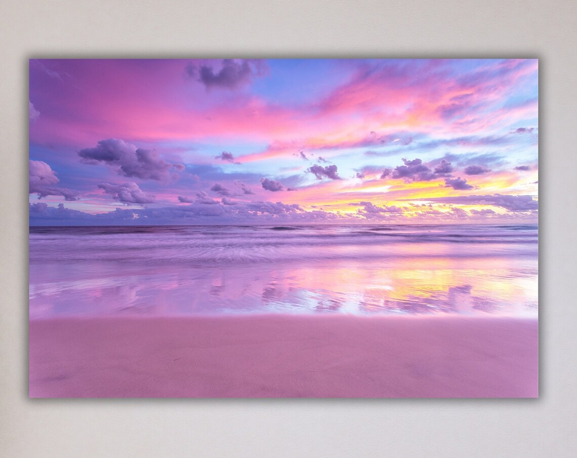 Tranquil Coastal Sunset Pink Ocean Waves Soft Sea Purple Sky Poster - Image 3