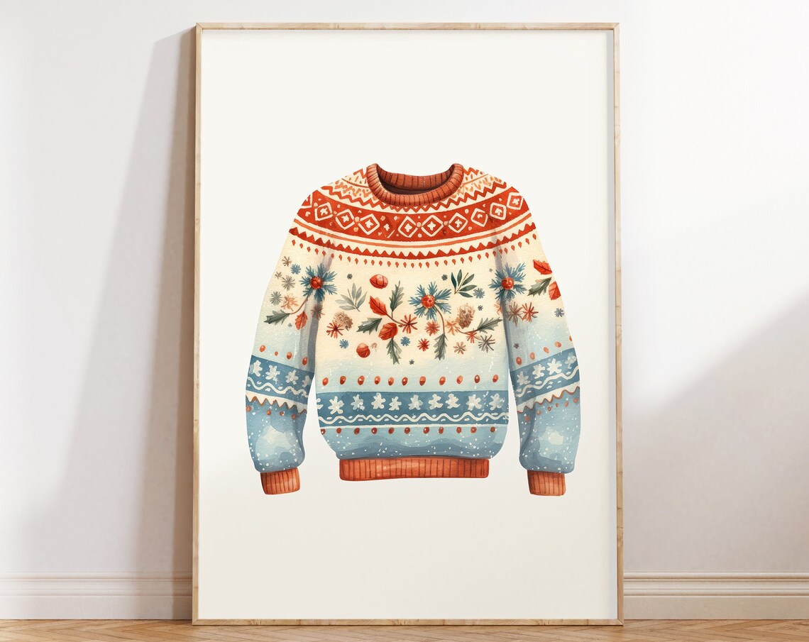 Watercolor Ugly Christmas Sweater Festive Nordic Knit Poster