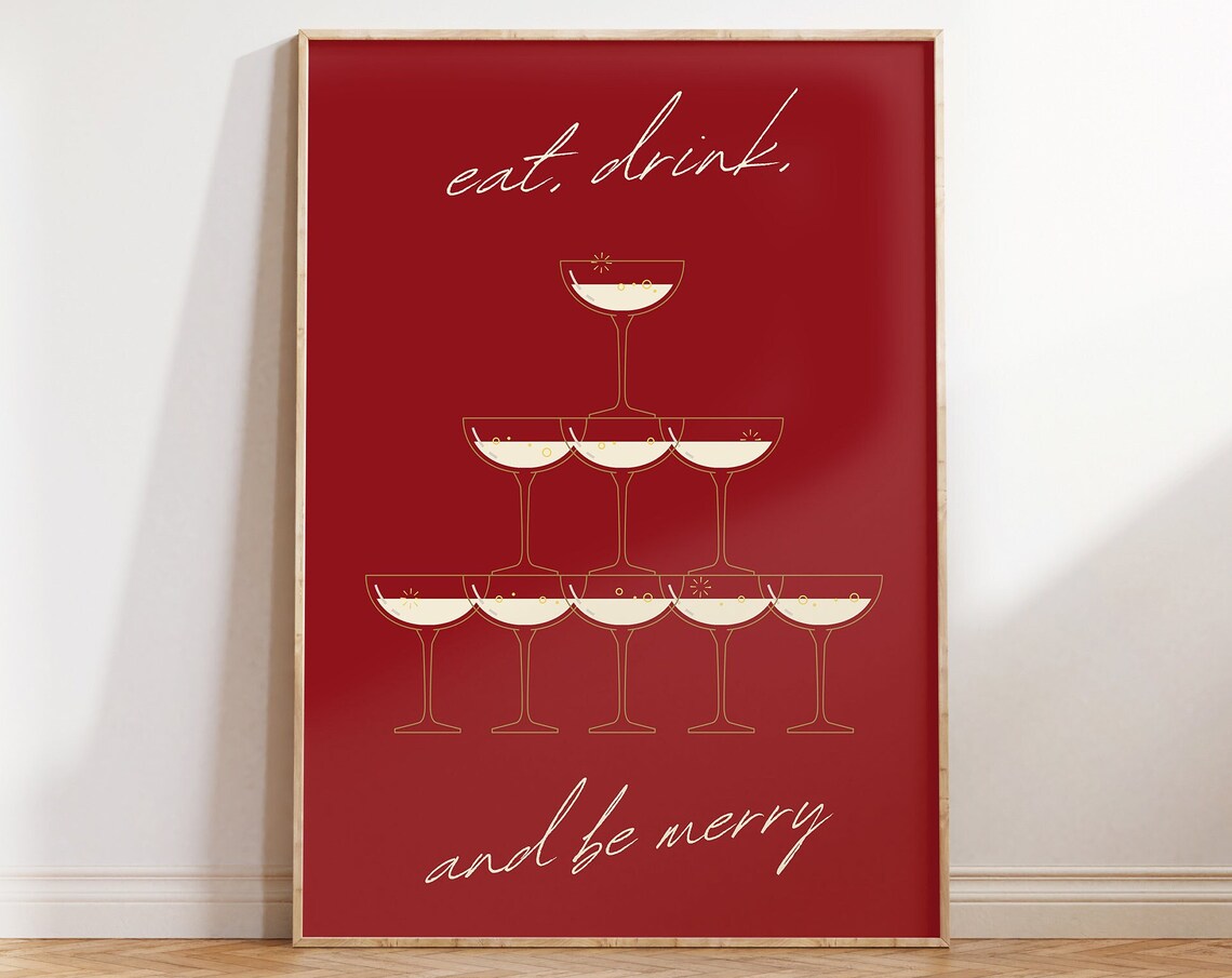 Eat Drink And Be Merry Bold Red Champagne Coupe Tower Party Poster - Image 5