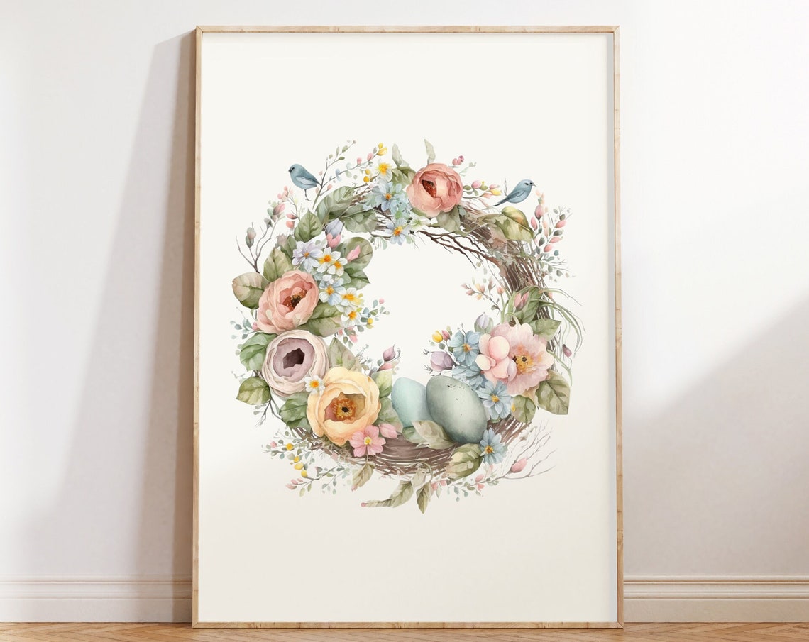 Floral Easter Wreath With Blue Eggs And Little Bluebirds Poster