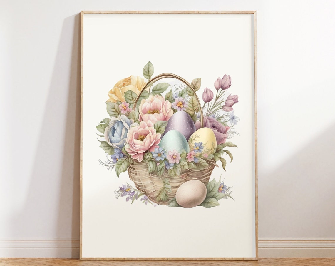 Vintage Easter Basket Overflowing With Pastel Blooms Art Poster