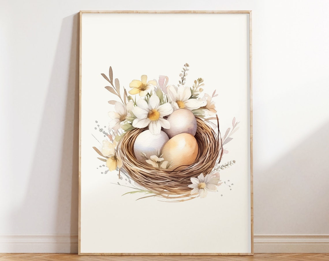 Bird Nest With Eggs And White Daisies Watercolor Easter Poster