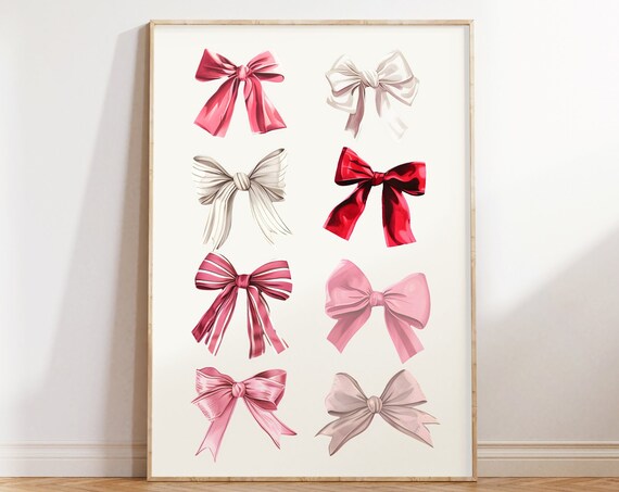 Eight Glossy Pink and Red Satin Ribbon Bows Coquette Style Poster