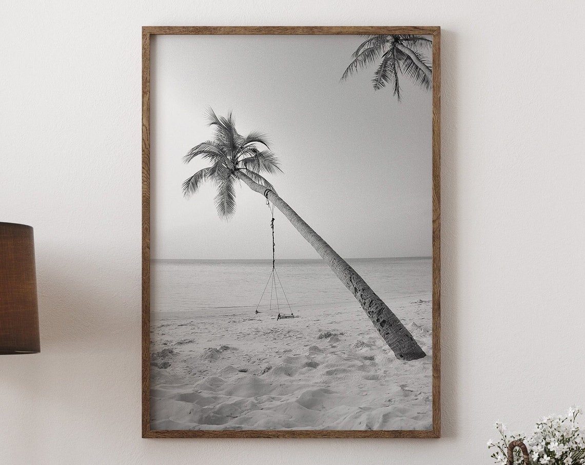 Leaning Palm Tree Swing Tropical Beach Monochrome Photo Print