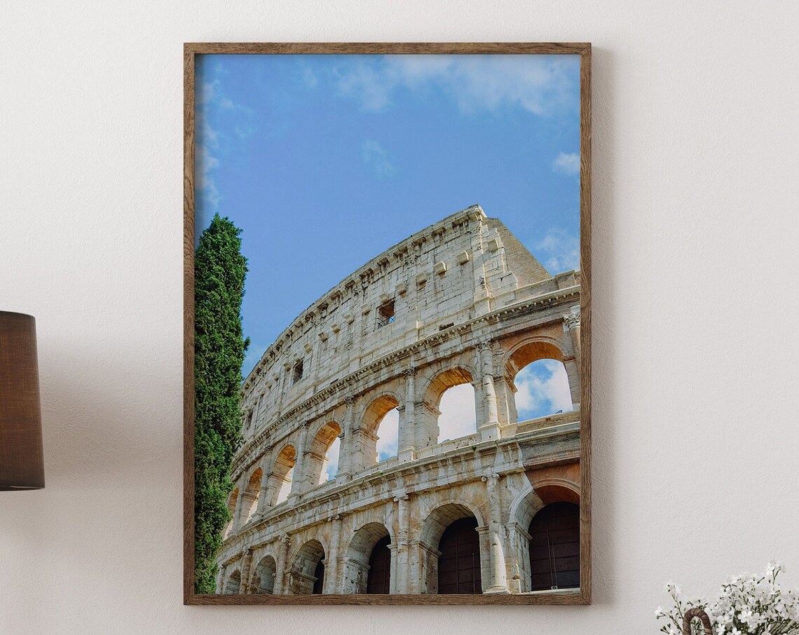 Rome Colosseum Ancient Stone Arches Blue Sky Photo Art Print