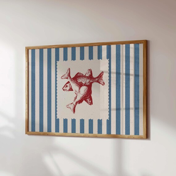 Fish Print Retro Nautical Stripe Gallery Wall Art