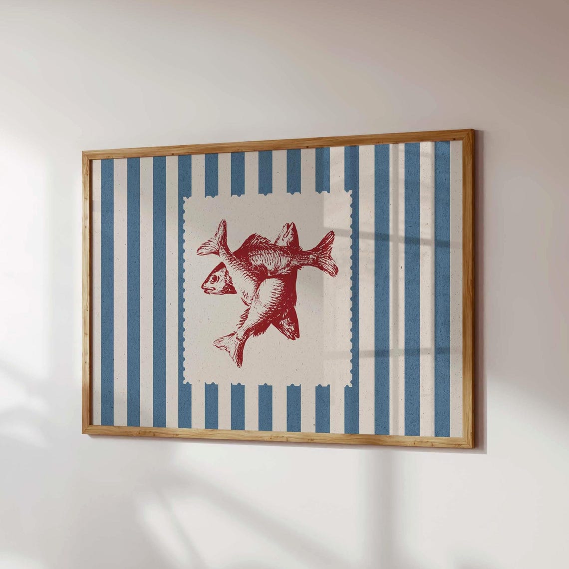 Retro Red Fish Stamp Art Blue Nautical Stripes Gallery Wall Poster