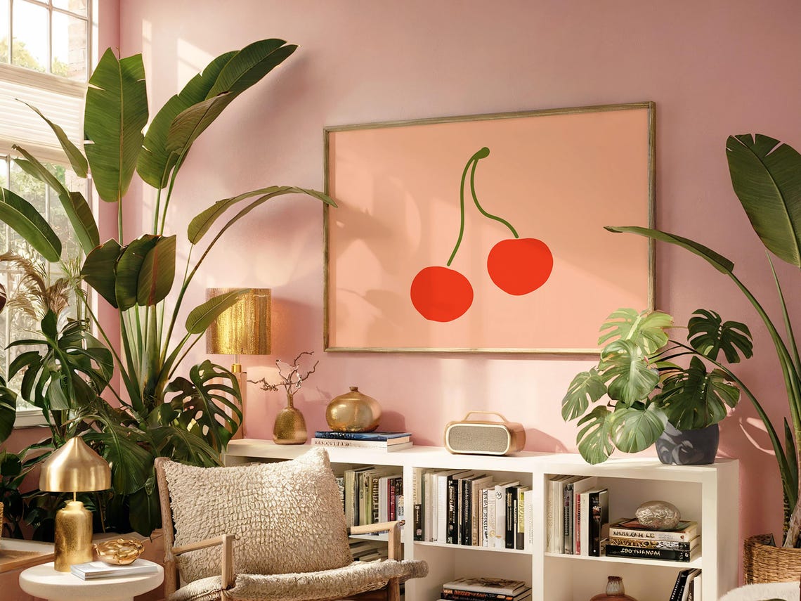 Red Cherries Minimalist Fruit Illustration Peach Background Poster - Image 4
